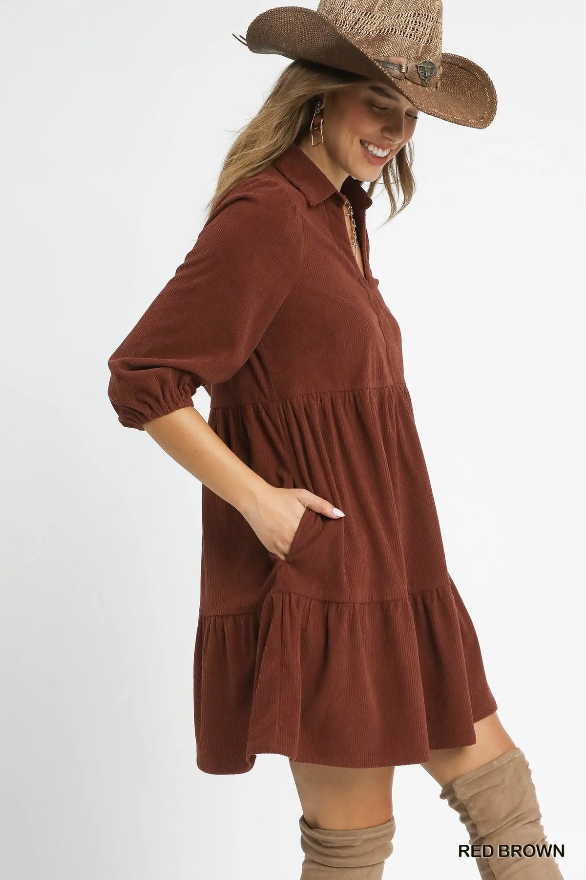 Hazel Blues® | Umgee Tiered Corduroy Mini Dress with Balloon Sleeves