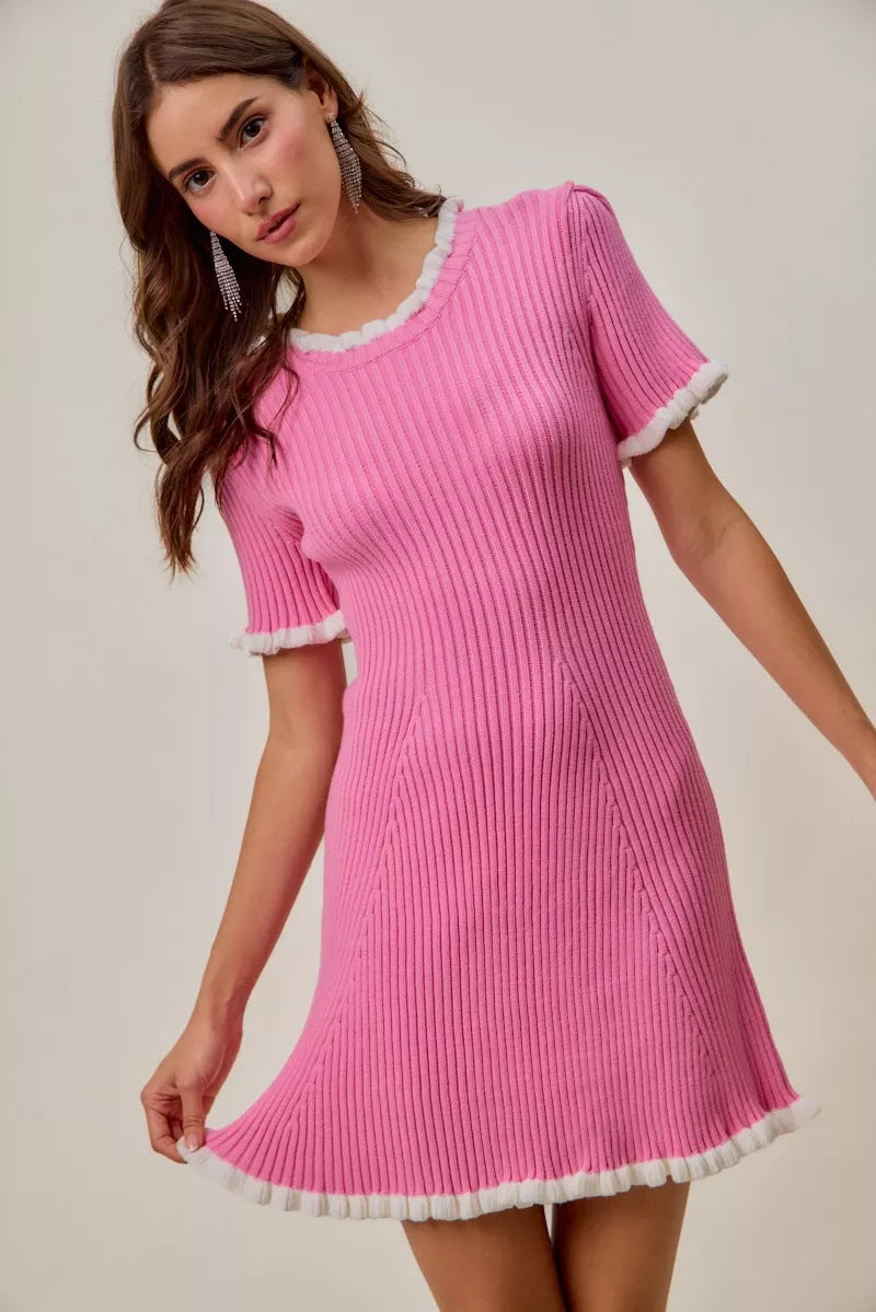 Hazel Blues® | SO ME Contrast Ruffled Sweater Knit Mini Dress
