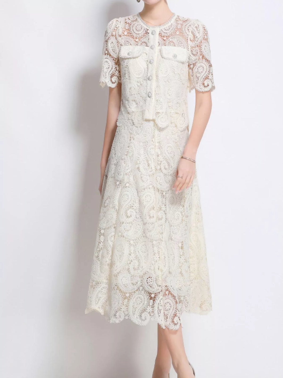 Hazel Blues® | Lace Button Up Top and Skirt Set