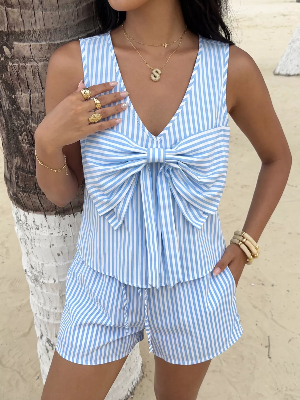 Hazel Blues® | Striped Bowknot Sleeveless Top & Shorts Set