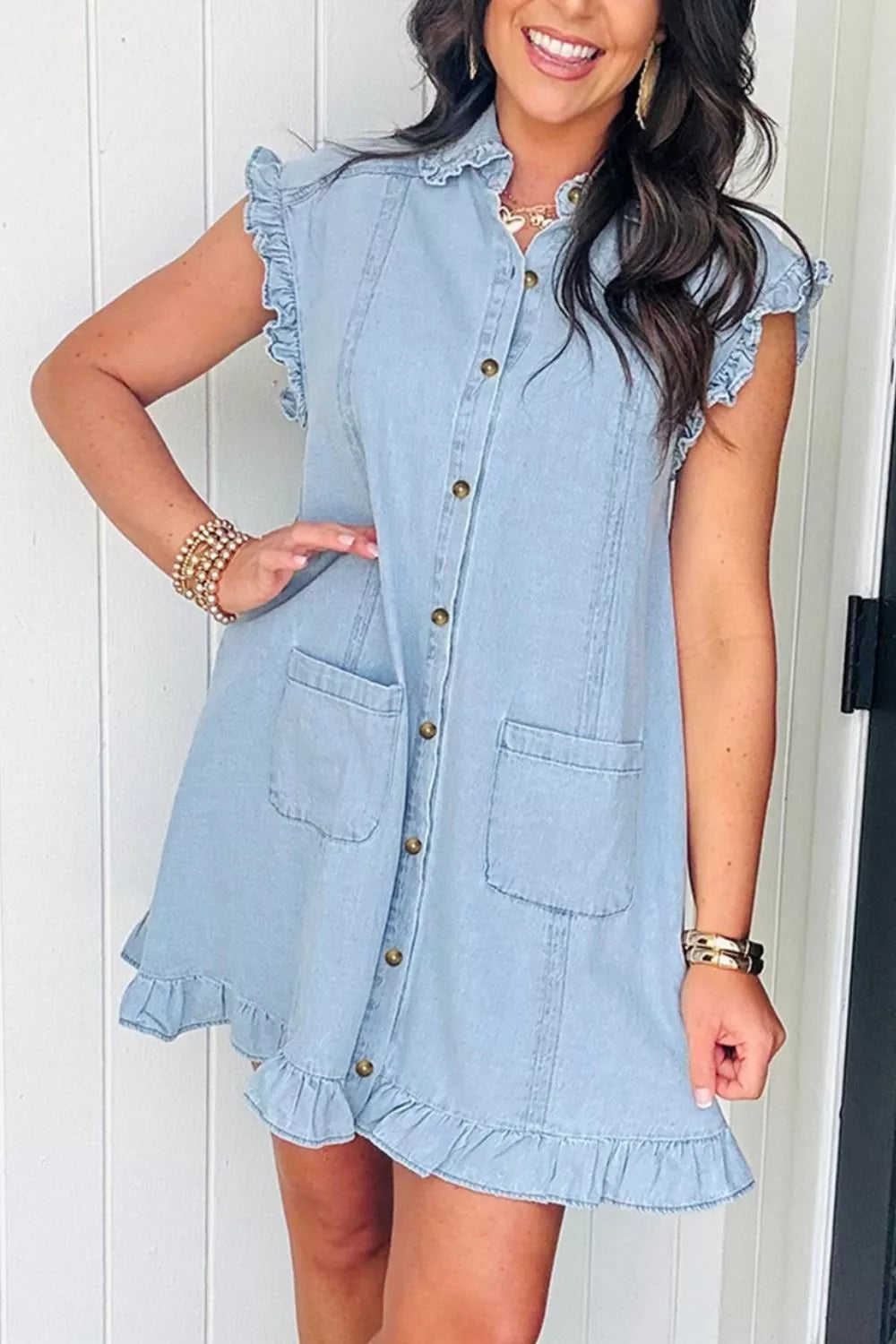 Hazel Blues® | Ruffled Edge Collared Shift Denim Dress with Pockets