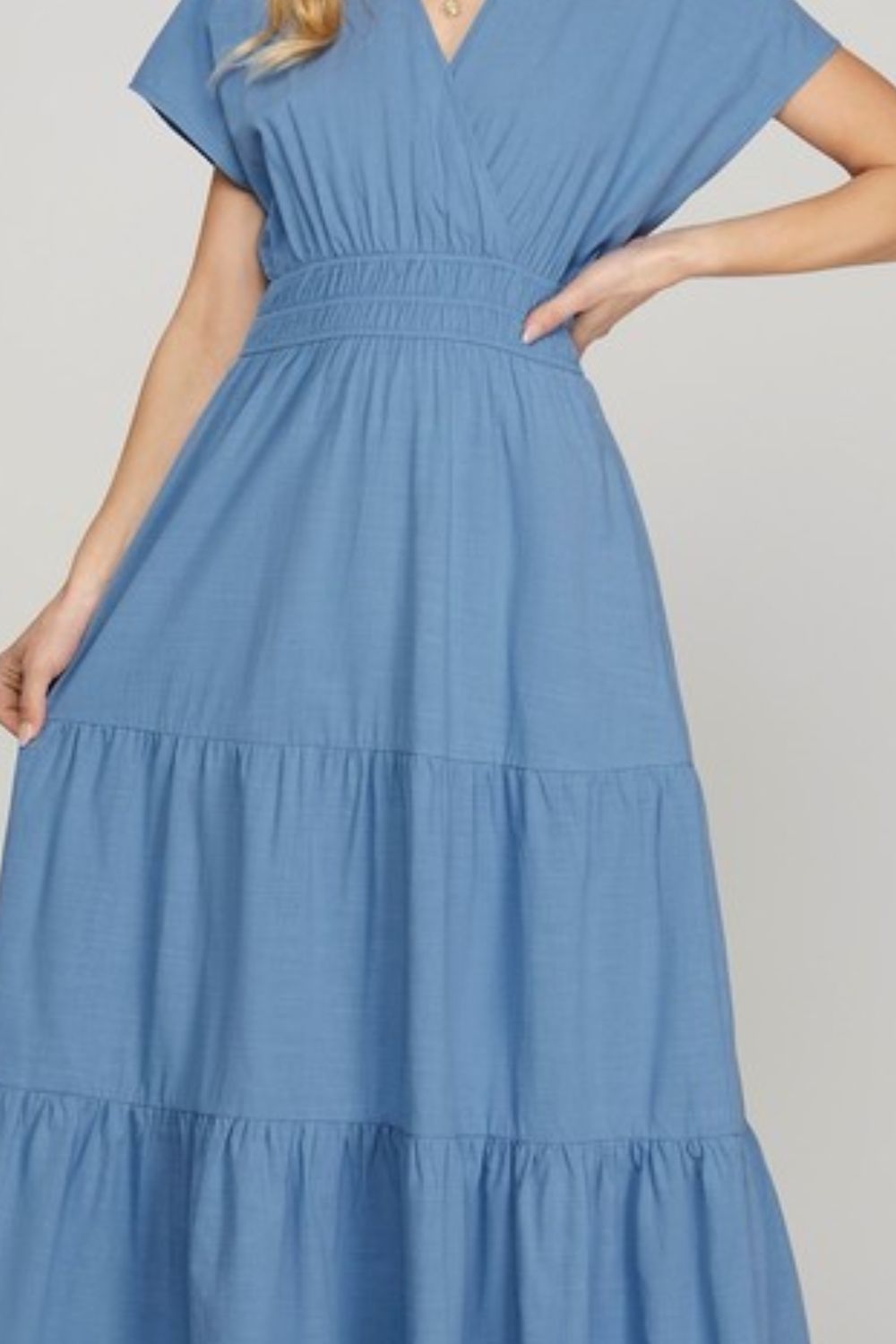 Hazel Blues® | She + Sky Surplice Short Sleeve Tiered Maxi Dress With Pockets