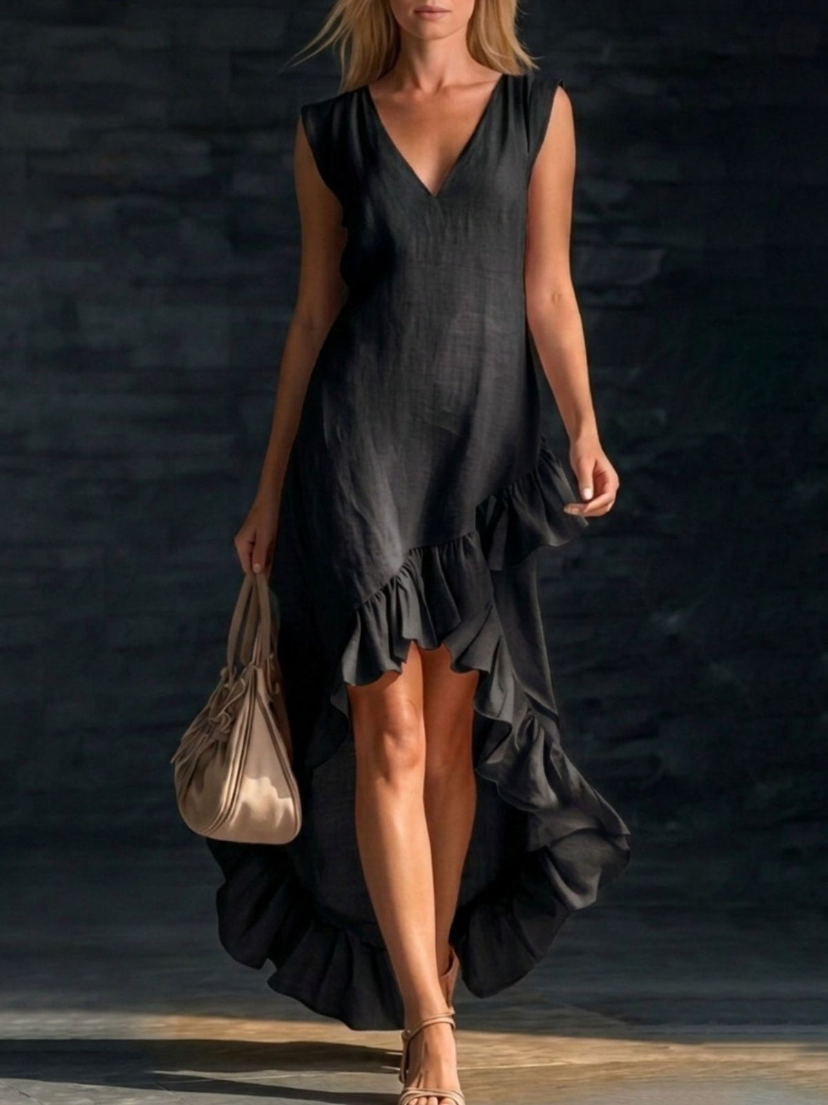 Hazel Blues® | Sleeveless V-Neck Ruffle Hem High-Low Dress