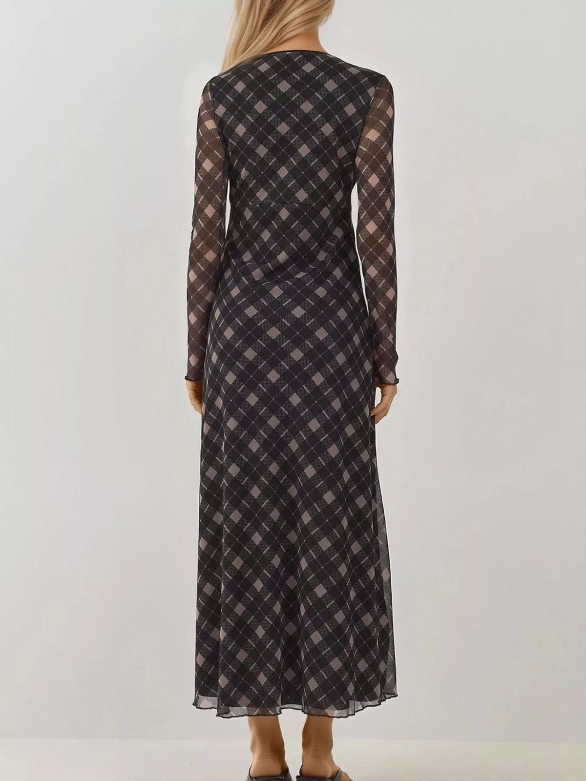 Hazel Blues® | Tie Front Plaid Long Sleeve Dress