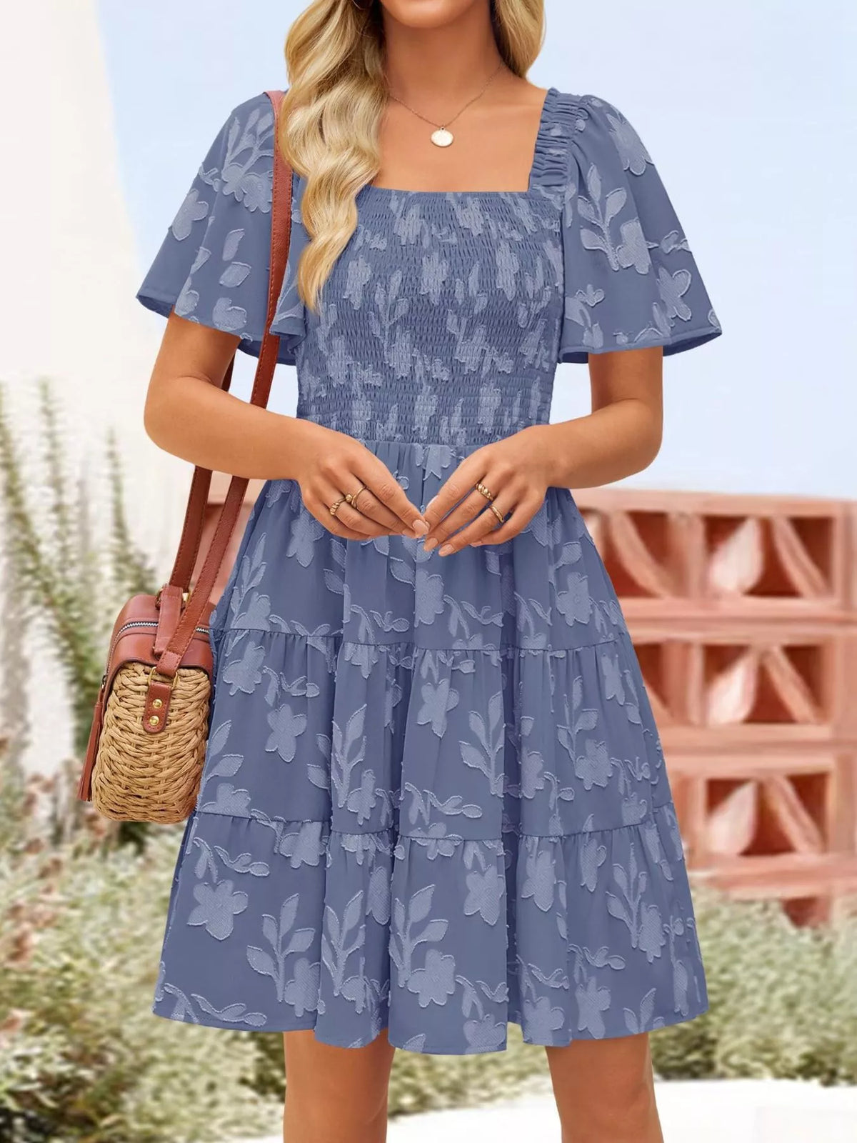 Hazel Blues® | Smocked Square Neck Tiered Mini Dress
