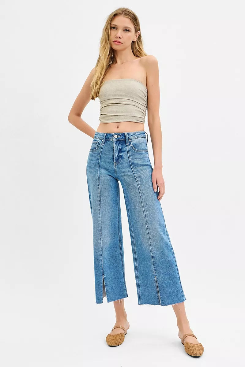 Hazel Blues® | RISEN Tummy Control Mid Rise Crop Wide Front Slit Jeans
