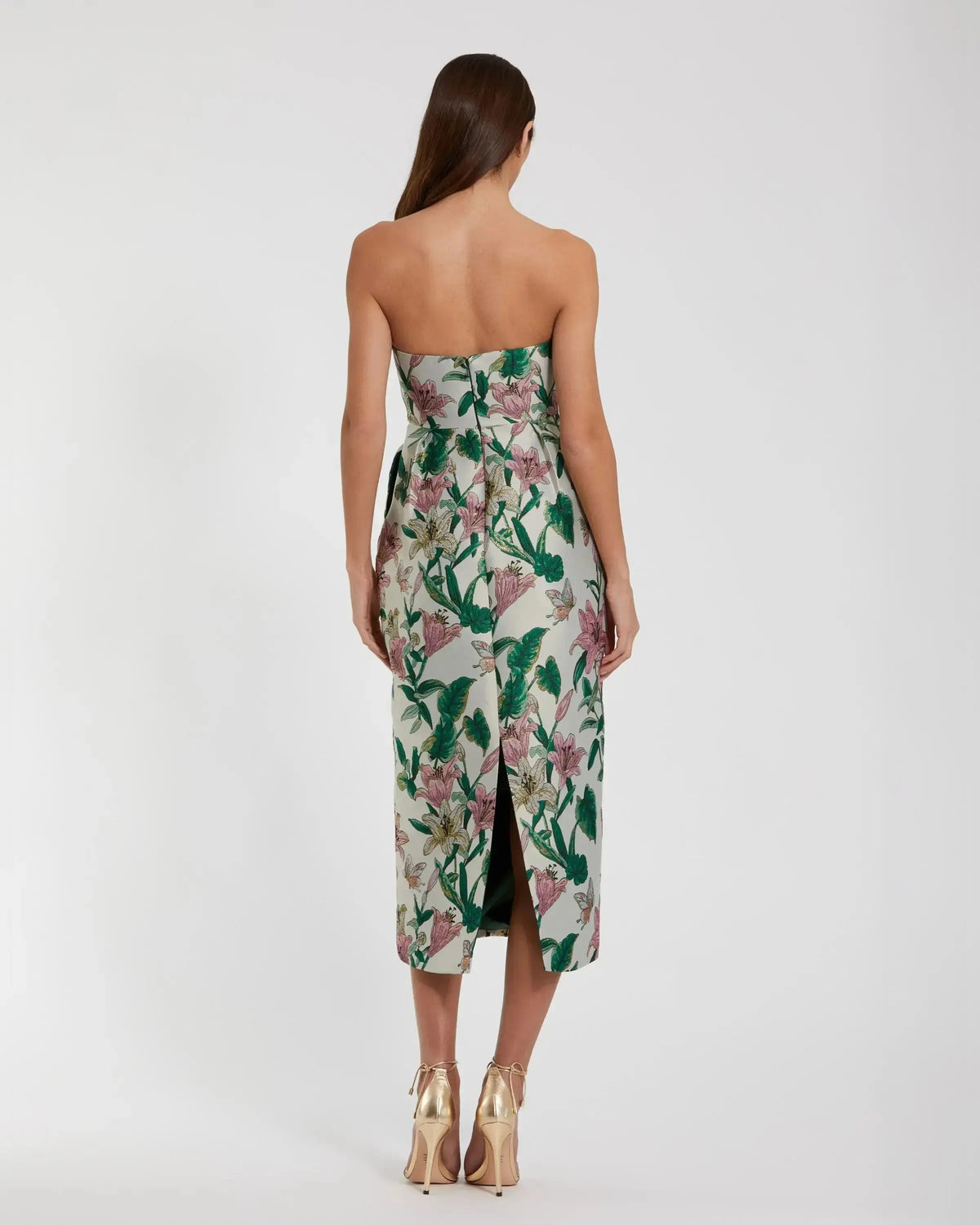 Petite Multicolor Floral Brocade Strapless Fitted Midi Dress