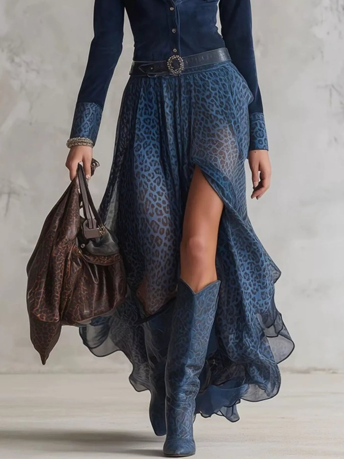 Hazel Blues® | Leopard Button Front Slit Maxi Dress