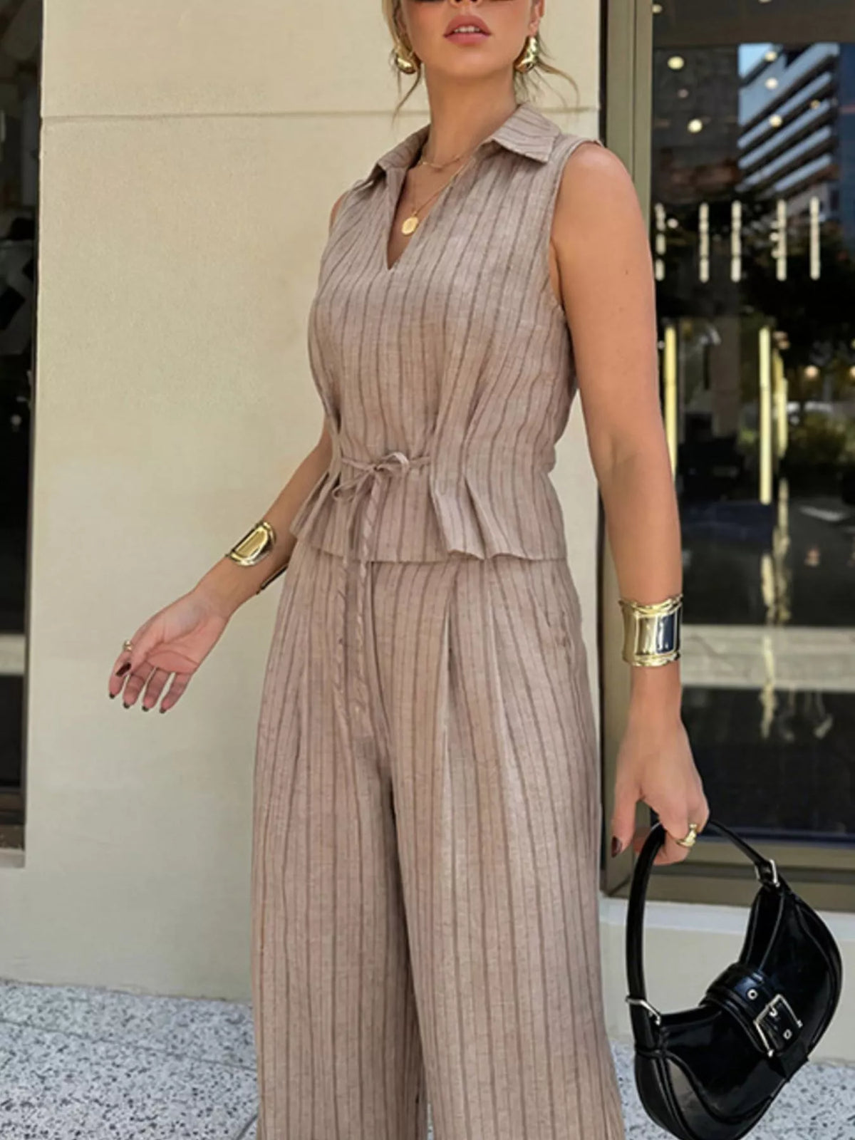 Hazel Blues® | Sleeveless Striped Top & Wide Leg Pant Set