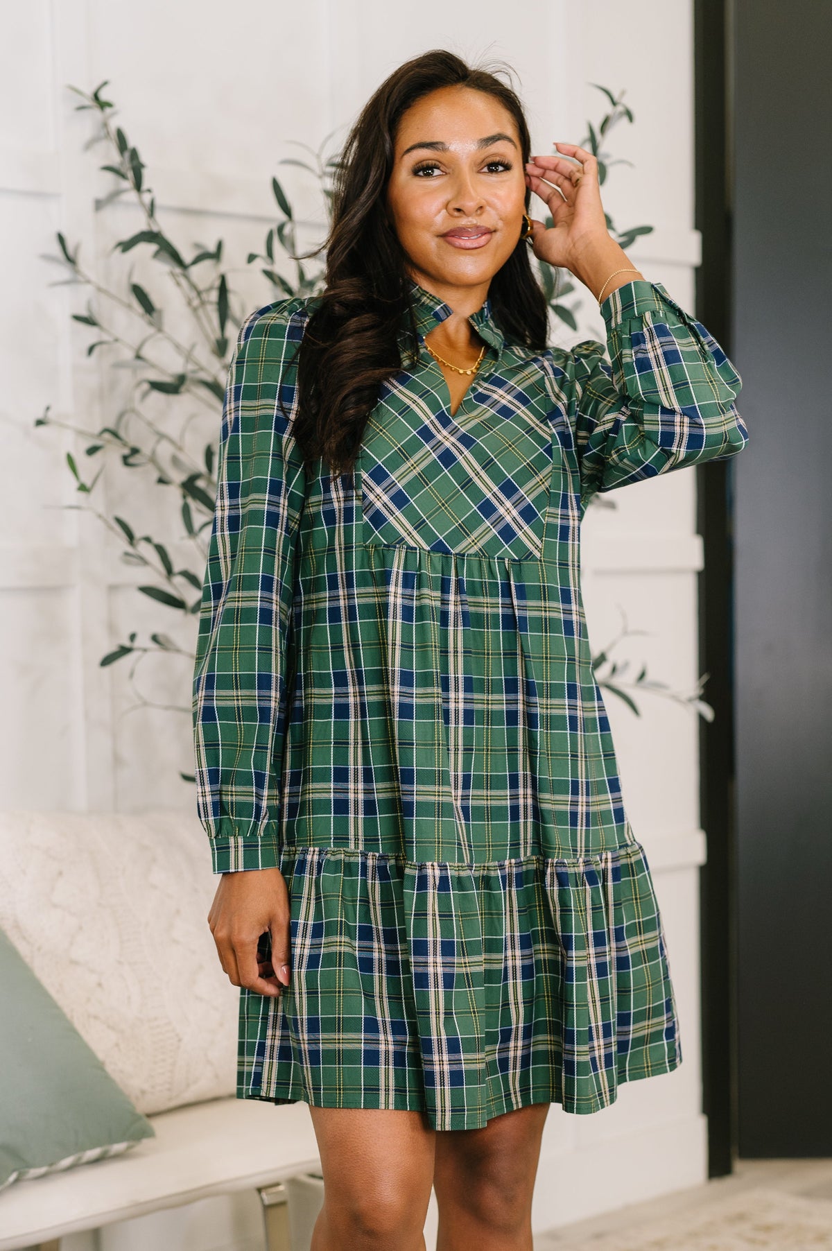 Hazel Blues® | Plaid Perspective Split Neck Long Sleeve Dress