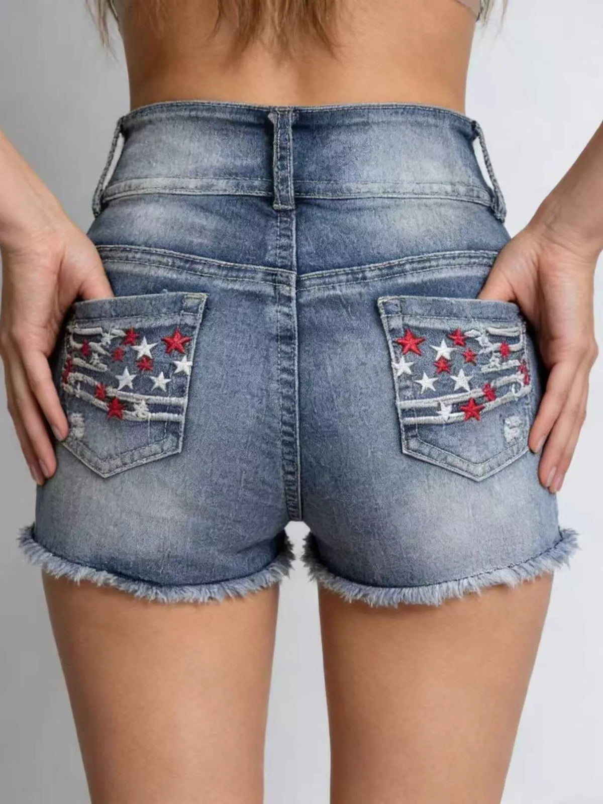 Hazel Blues® | American Flag Distressed Denim Shorts