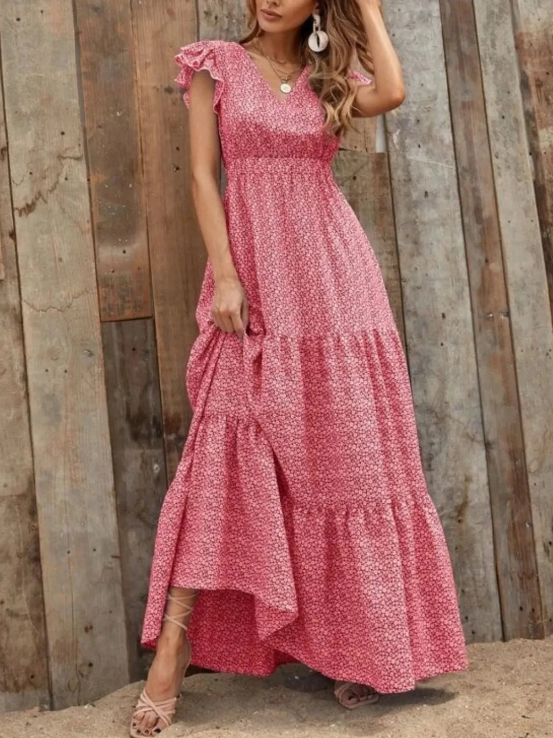 Hazel Blues® | Printed V-Neck Ruffled Cap Sleeve Maxi Dress