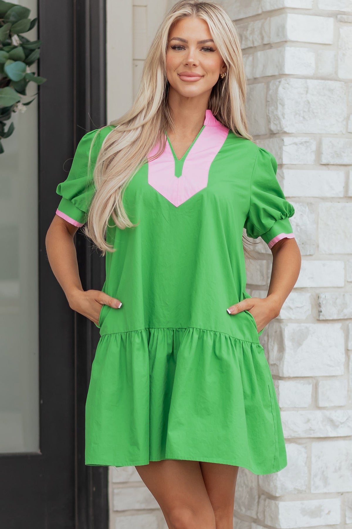 Hazel Blues® | Bright Green Color Block Detail Split Neck Short Puff Sleeve Ruffle Hem Mini Dress