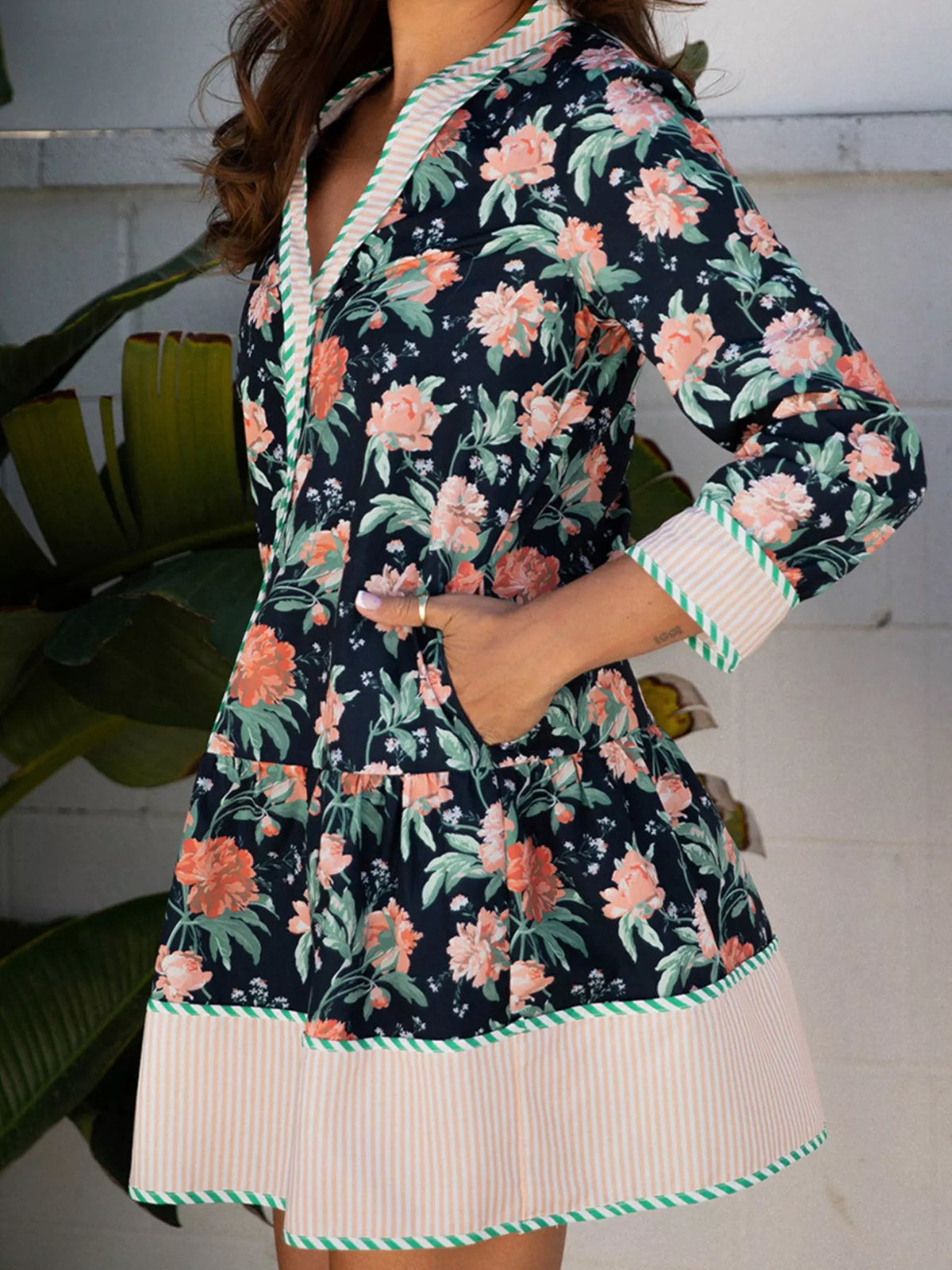 Hazel Blues® | Floral Print Striped Trim V Neck Long Sleeve Ruffle Hem Shift Mini Dress
