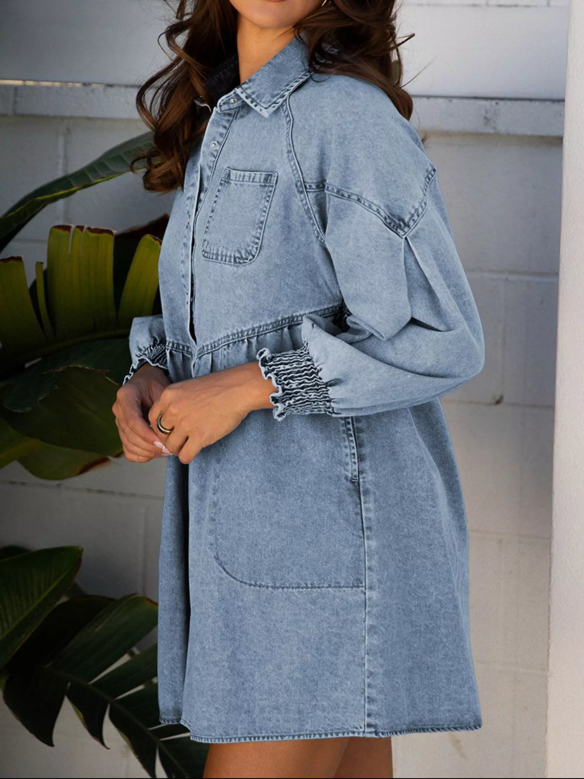Hazel Blues® | Smocked Cuffs Flared Denim Shirt Mini Dress