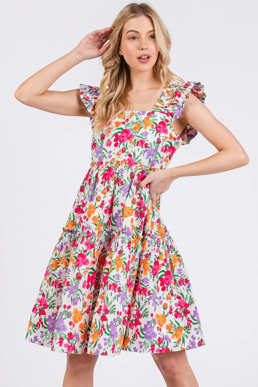 Hazel Blues® | Mittoshop Flower Print Ruffle Shoulder A-line Mini Dress