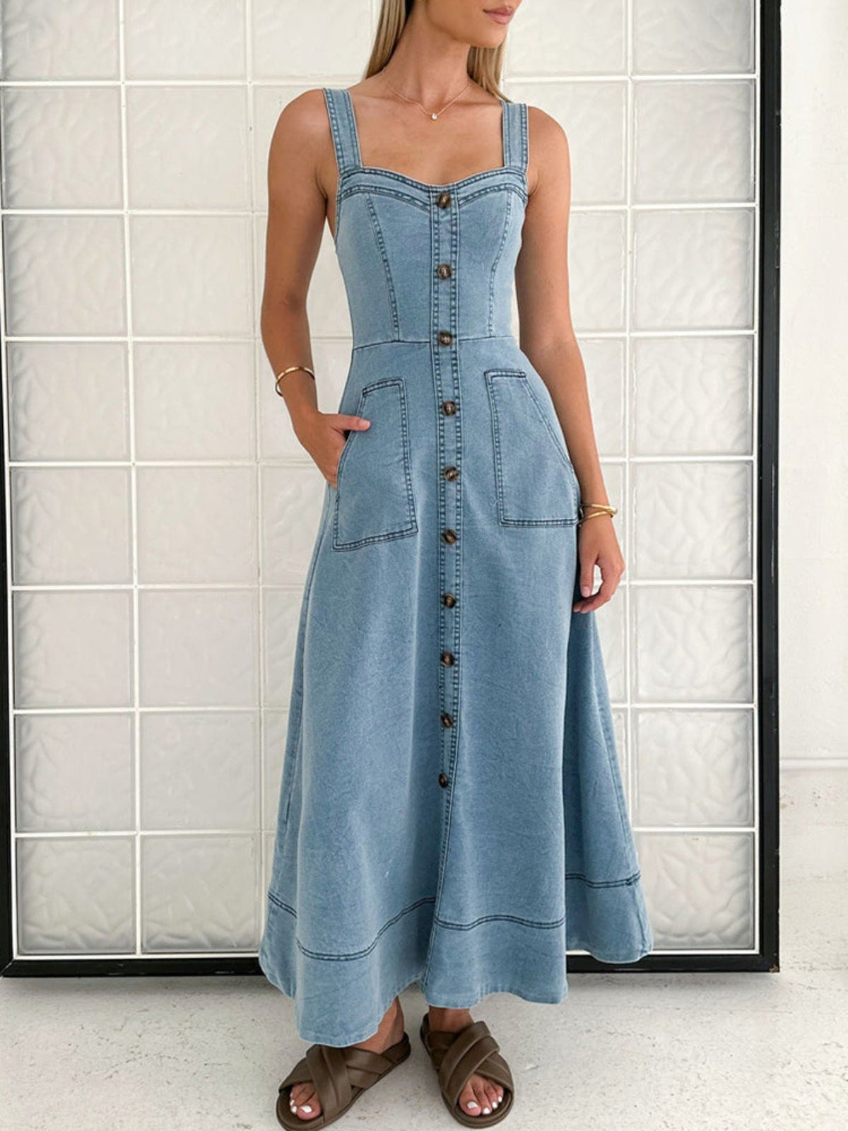 Hazel Blues® | Decor Button Front A-Line Denim Dress