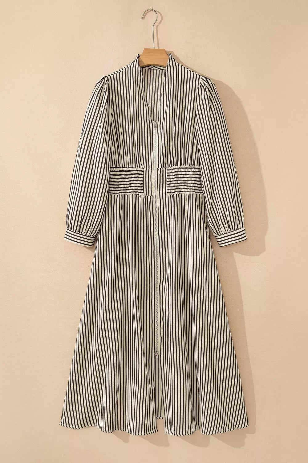 Hazel Blues® | Stripe V Neck Zip Front Cinched High Waist Midi Dress