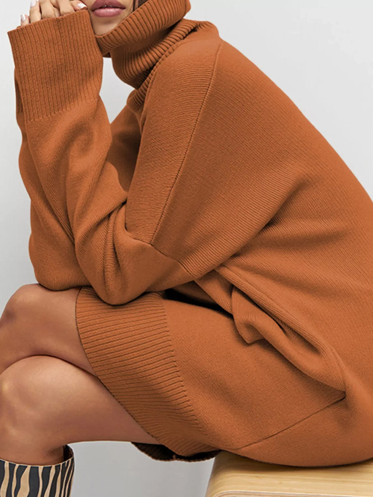 Hazel Blues® | Solid Color Turtleneck Drop Shoulder Loose Sweater Dress