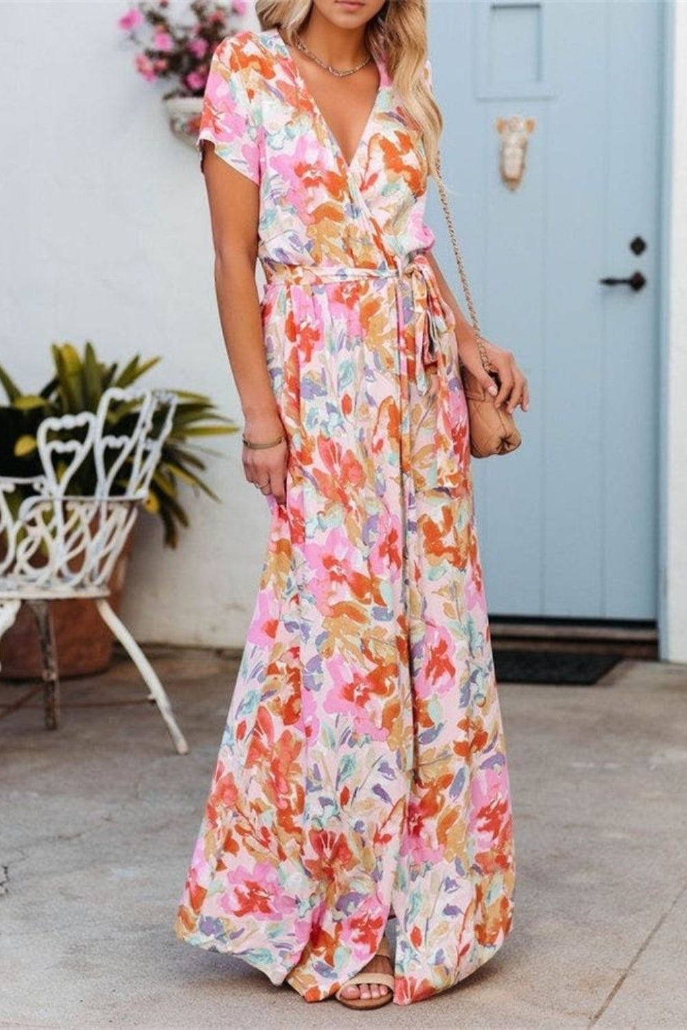 Hazel Blues® | Printed Surplice Short Sleeve Tie Waist Maxi Dress