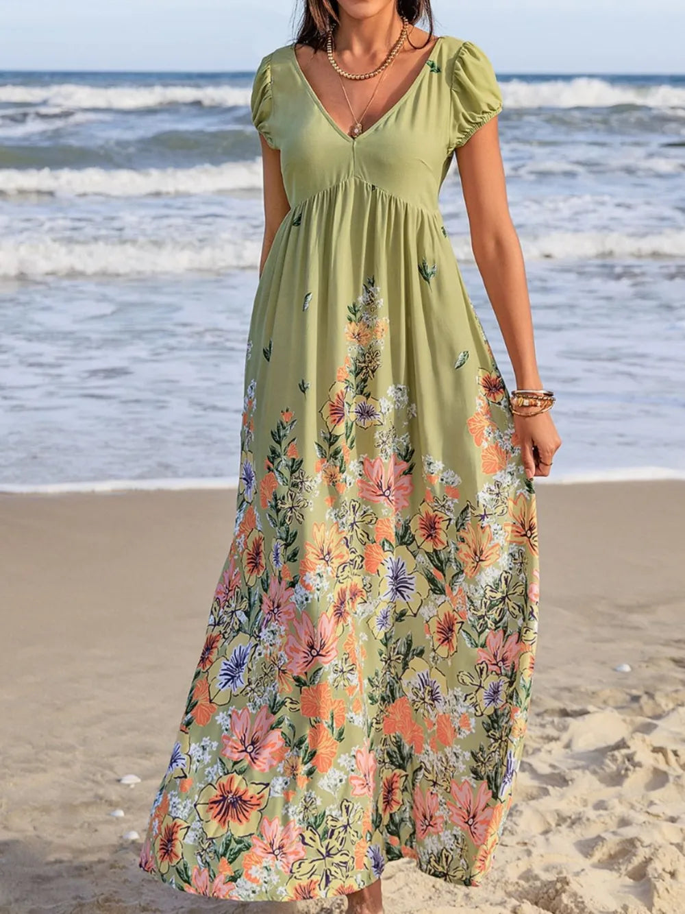 Hazel Blues® | Backless Printed V-Neck Short Sleeve Maxi Dress