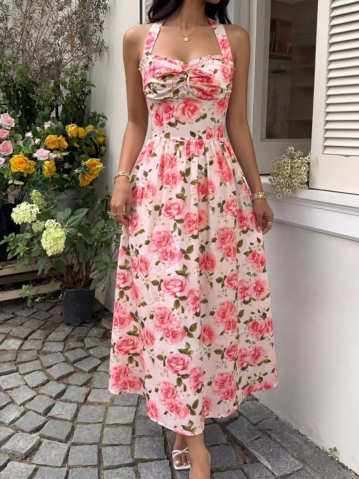 Hazel Blues® | Floral Print Halter Neck Midi Dress