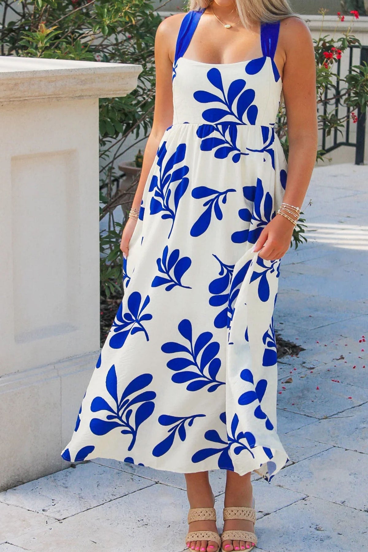 Hazel Blues® | Blue Floral Print Crisscross Tie Back Sleeveless Long Dress
