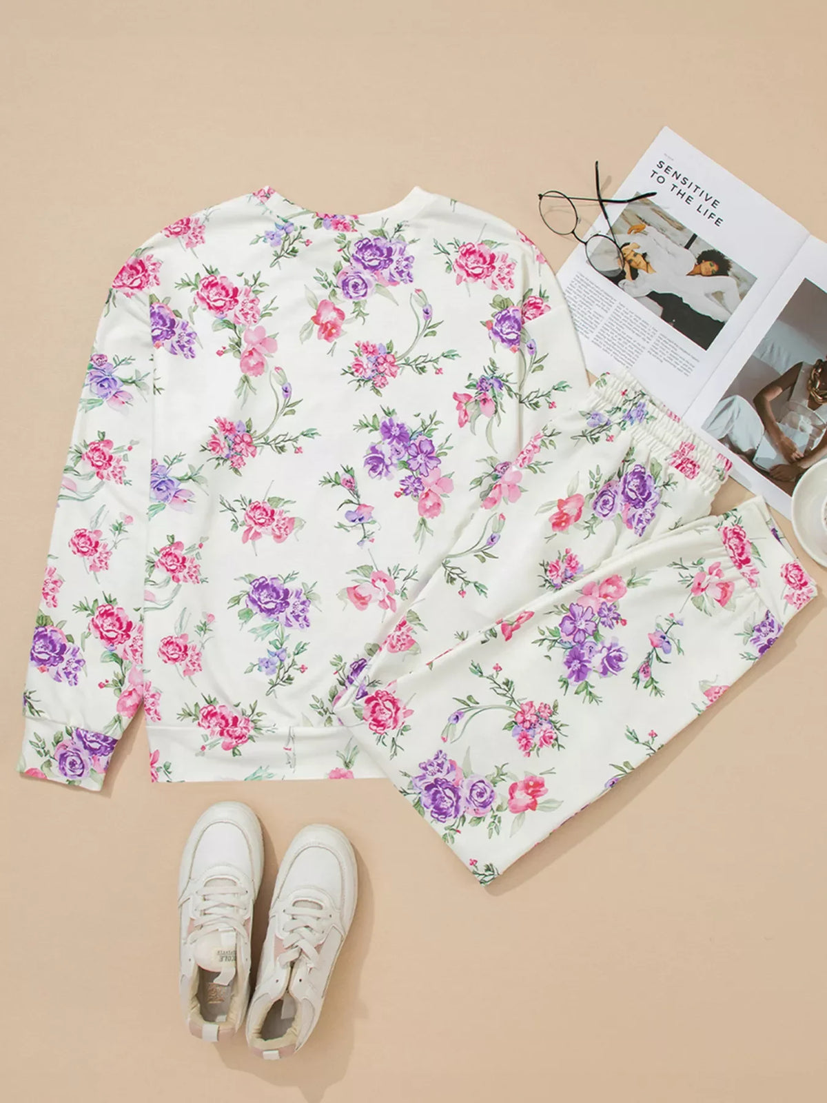 Hazel Blues® | Floral Print Round Neck Top and Drawstring Pants Lounge Set