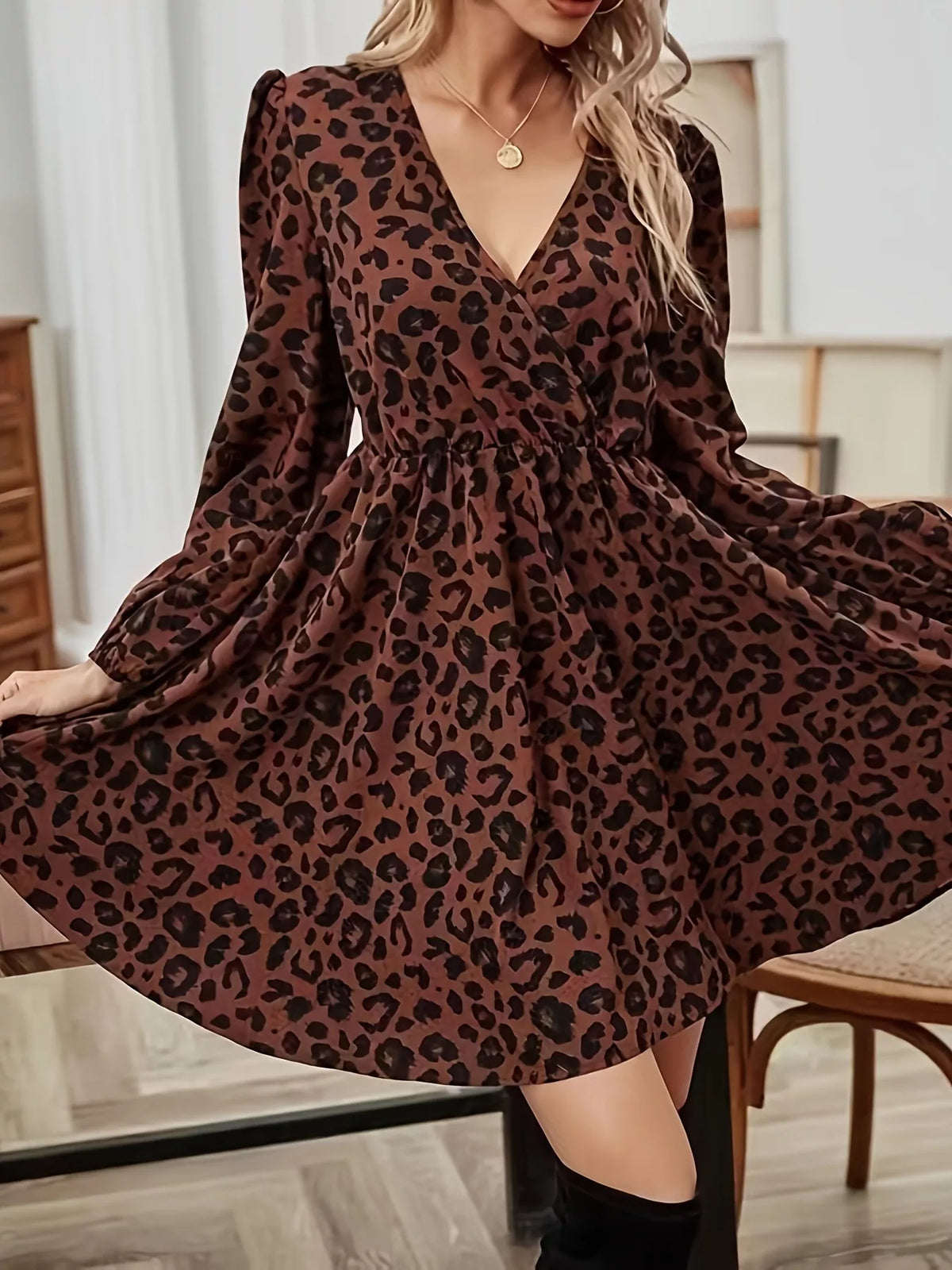 Hazel Blues® | Leopard Print V-Neck Long Sleeve Mini Dress