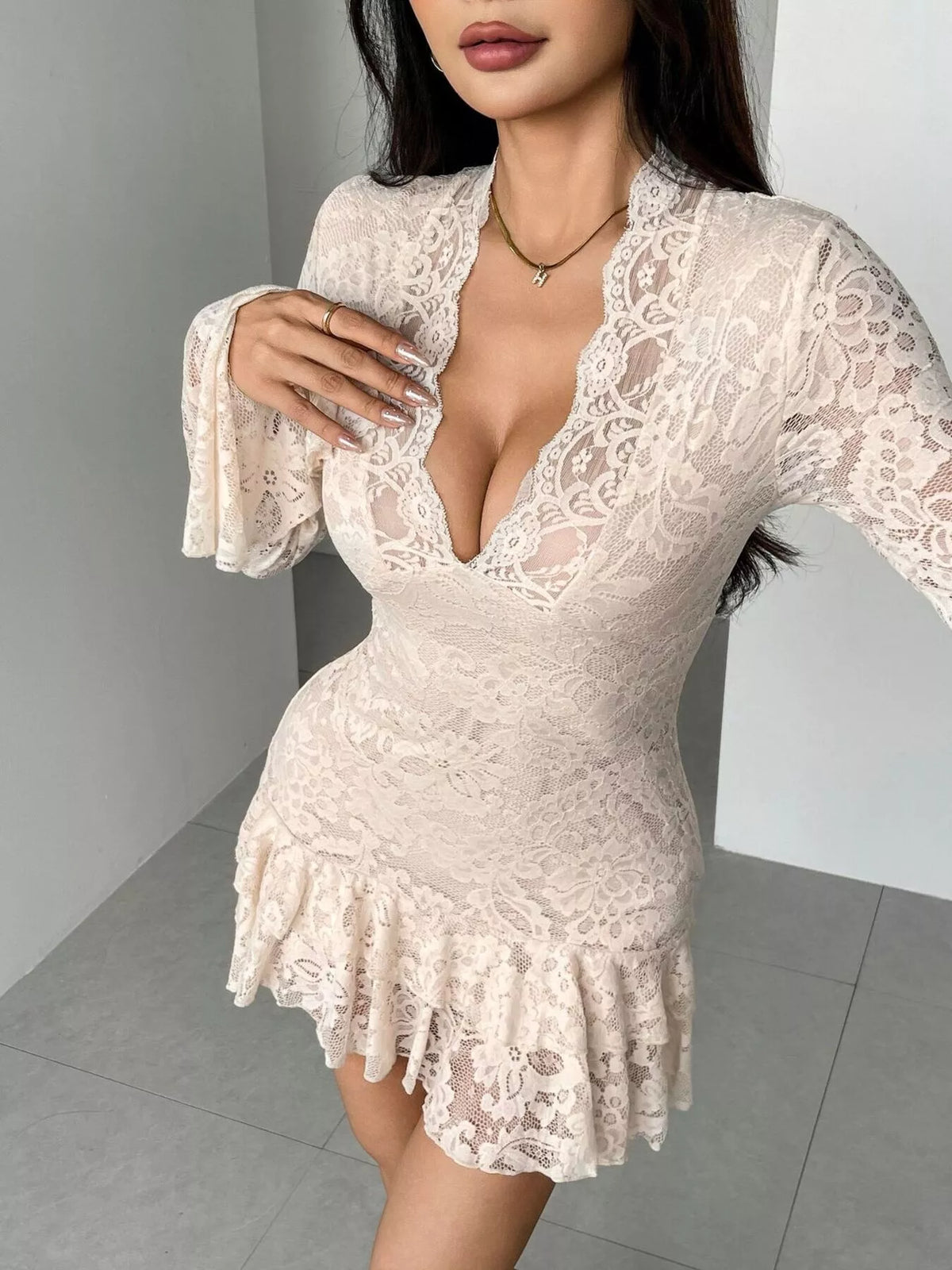 Hazel Blues® | Lace Ruffle Hem Mini Dress