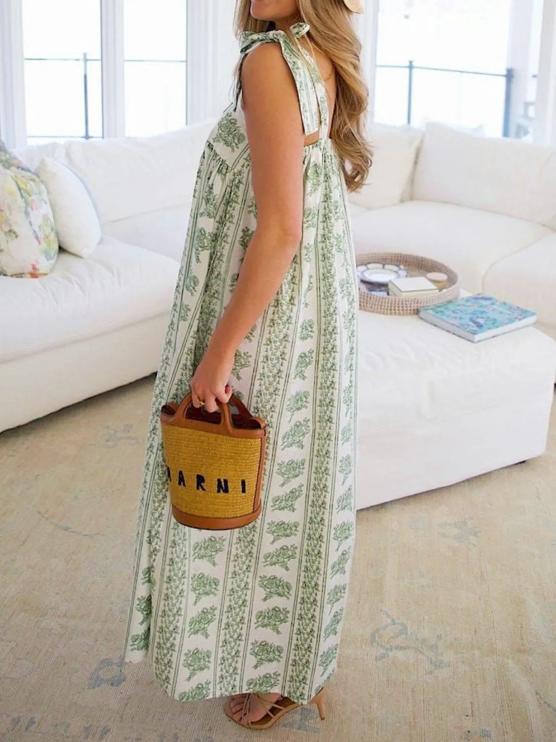 Hazel Blues® | Printed Tie Shoulder Square Neck Midi Dress