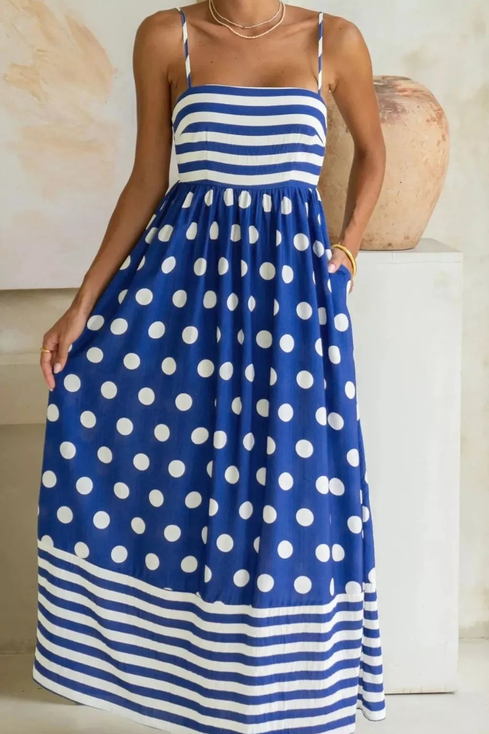 Hazel Blues® | Striped Polka Dot Patchwork High Waist Spaghetti Straps Maxi Dress