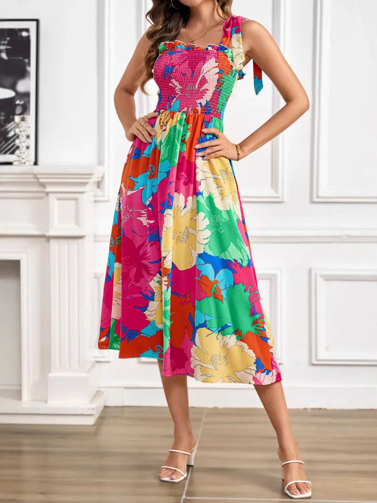 Hazel Blues® | Smocked Printed Tie Shoulder Midi Dress