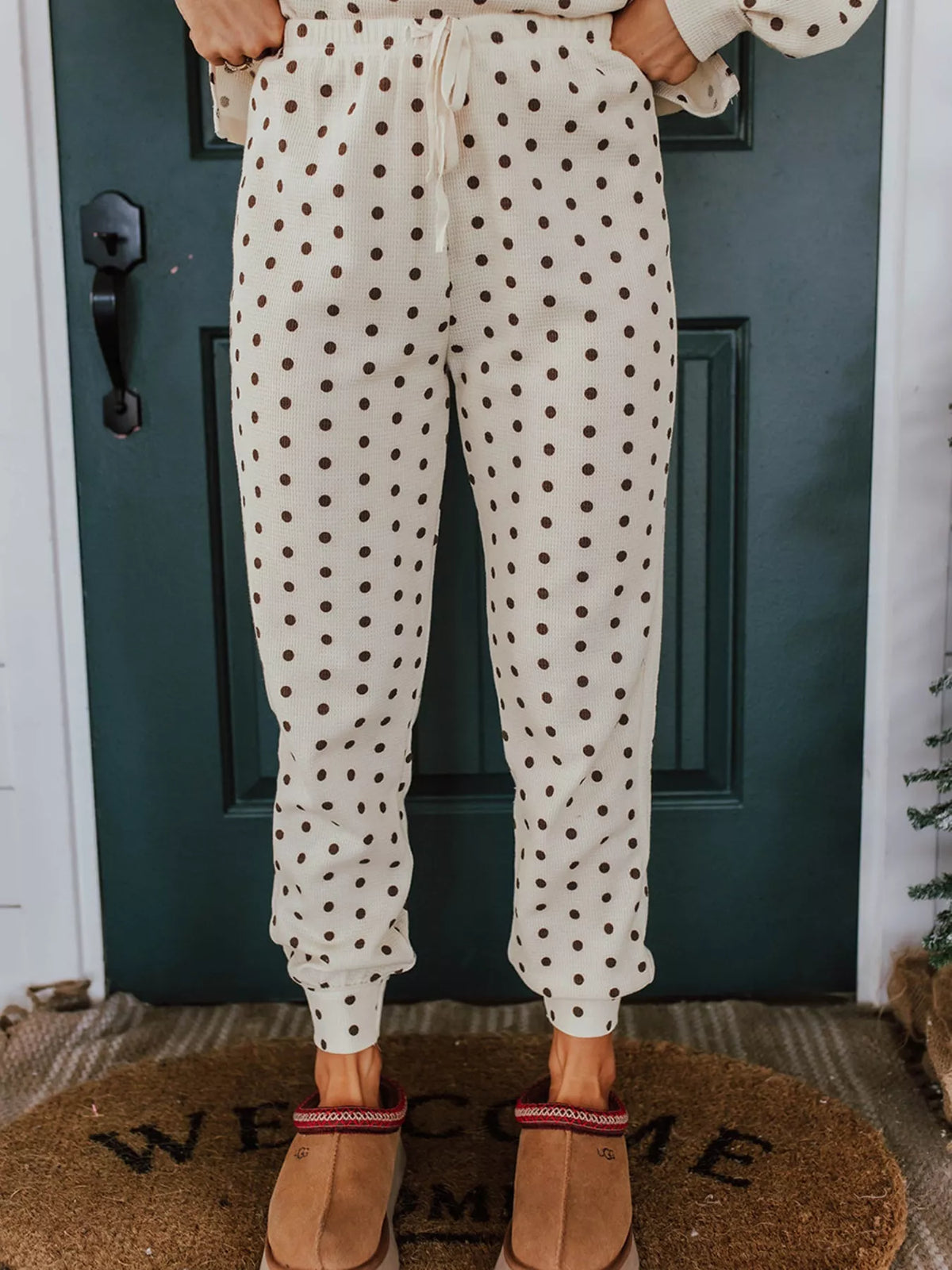 Hazel Blues® | Polka Dot Notched Long Sleeve Top and Drawstring Joggers Lounge Set