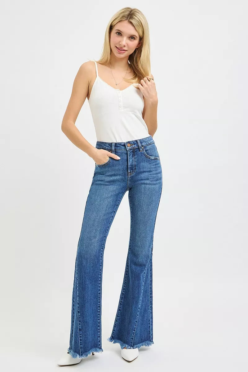 Hazel Blues® | RISEN Mid Rise Flare Side Seam Detailing Jeans