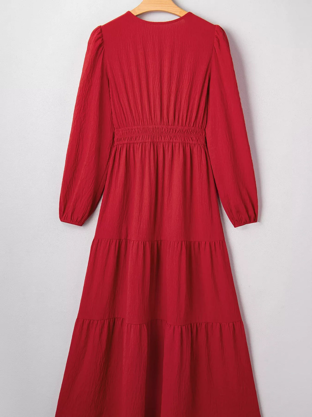 Hazel Blues® | Contrast Embroidered Detail Cinched Waist Tiered Long Sleeve Maxi Dress