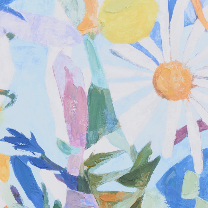 Colorful floral pattern with daisies and other flowers on a light blue background