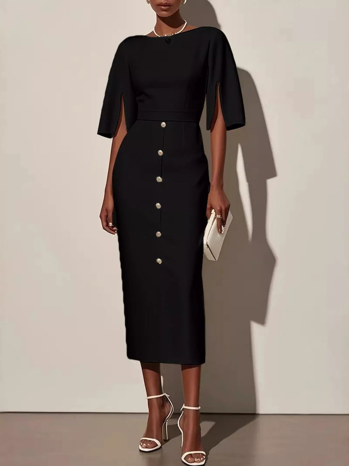 Hazel Blues® | Slit Sleeve Midi Dress with Decorative Button