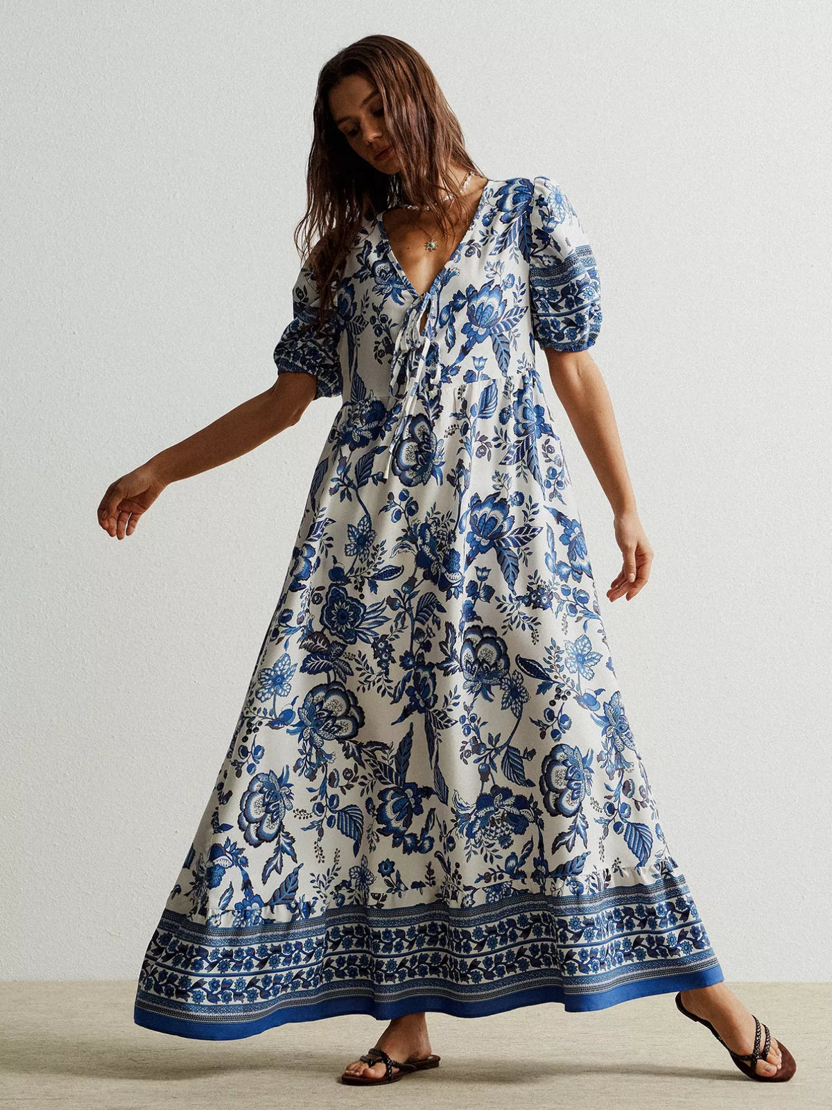 Hazel Blues® | Floral Print Tie-Neck Puff Sleeve Maxi Dress