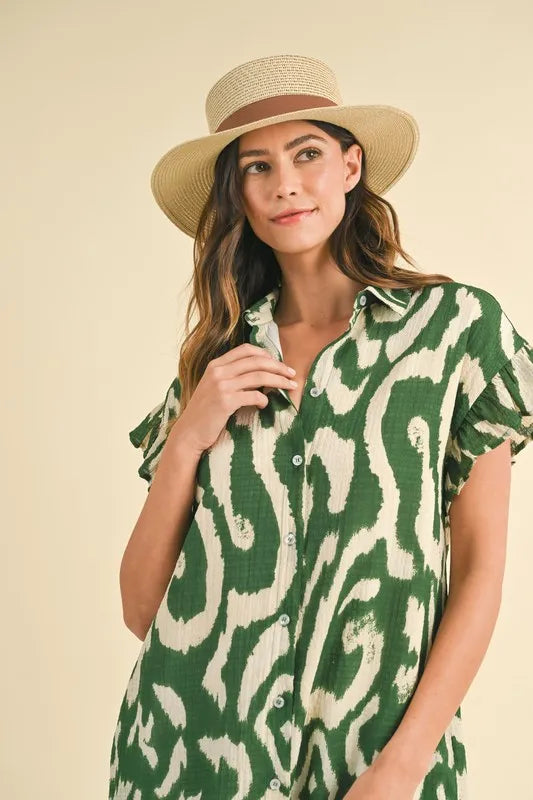 Hazel Blues® | Annie Wear Abstract Printed Frill Sleeve Shirt Mini Dress