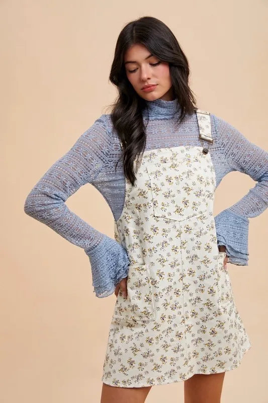 Hazel Blues® | Annie Wear Stretch Ditsy Print Denim Overall Mini Dress