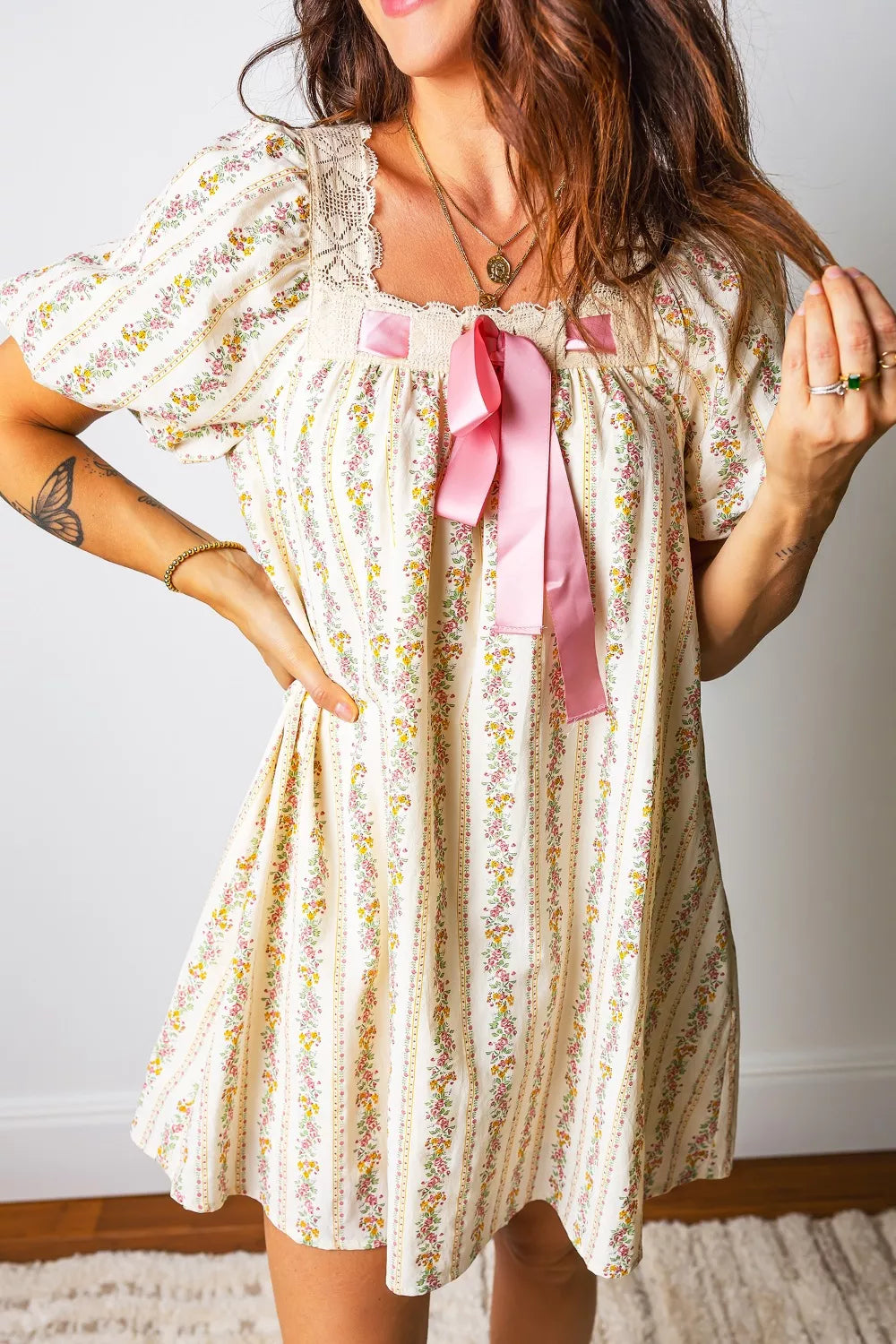 Hazel Blues® | Multicolour Floral Print Contrast Ribbon Bow Lace Trim Square Neck Mini Dress