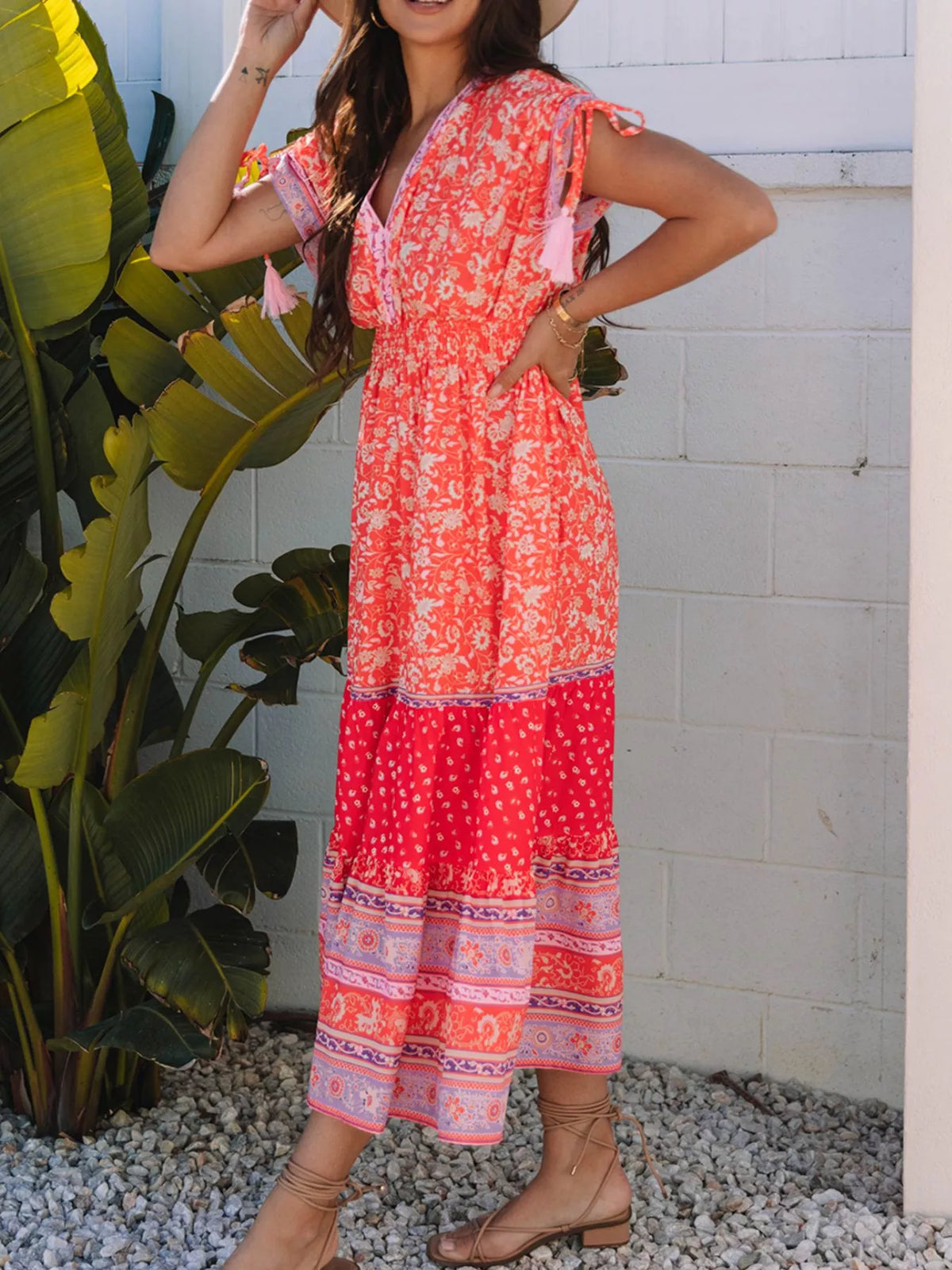 Hazel Blues® | Floral Print Tasseled Tied Sleeve Empire Waist Dress