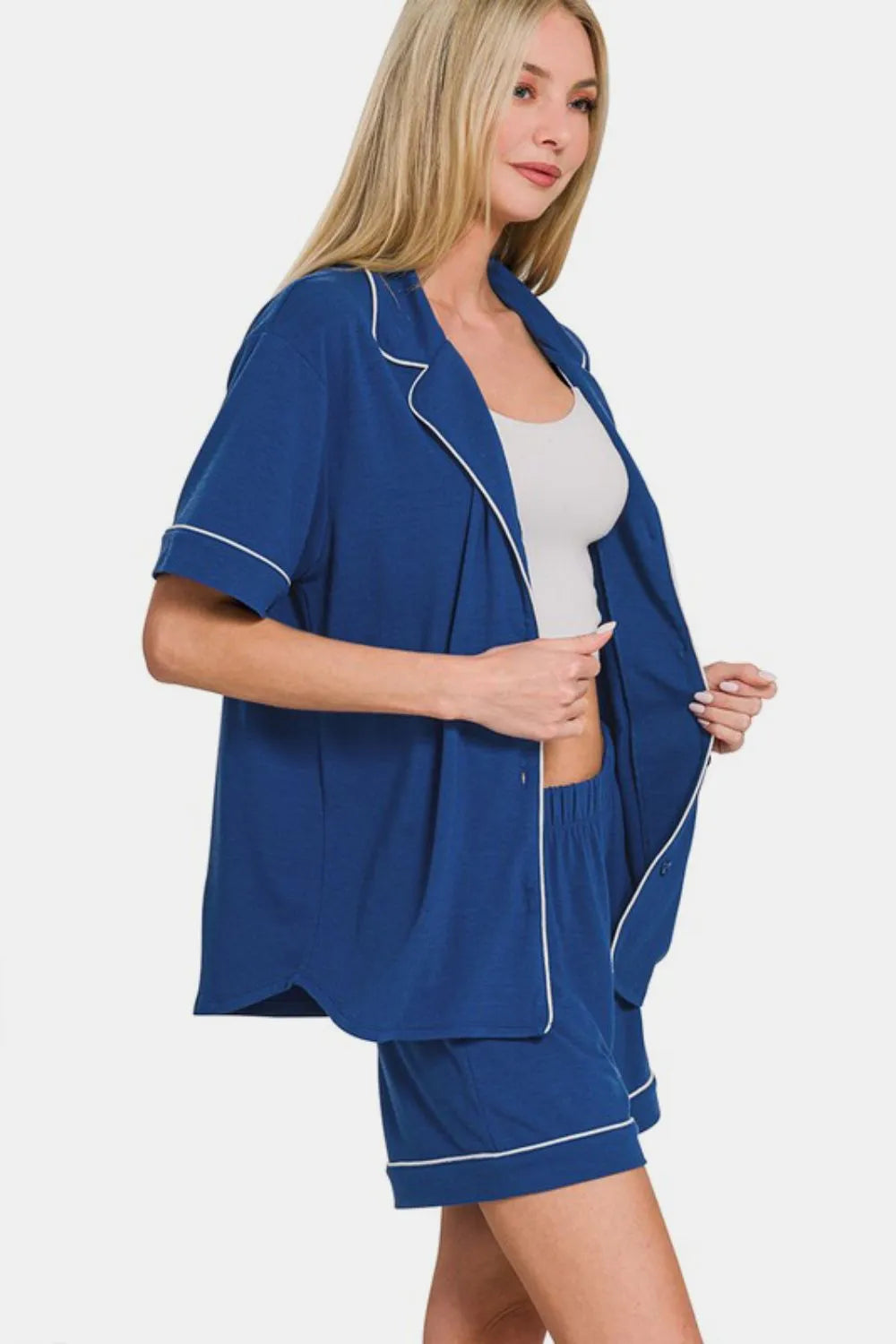 Hazel Blues® | Zenana Button Down Short Sleeve Top and Shorts Lounge Set