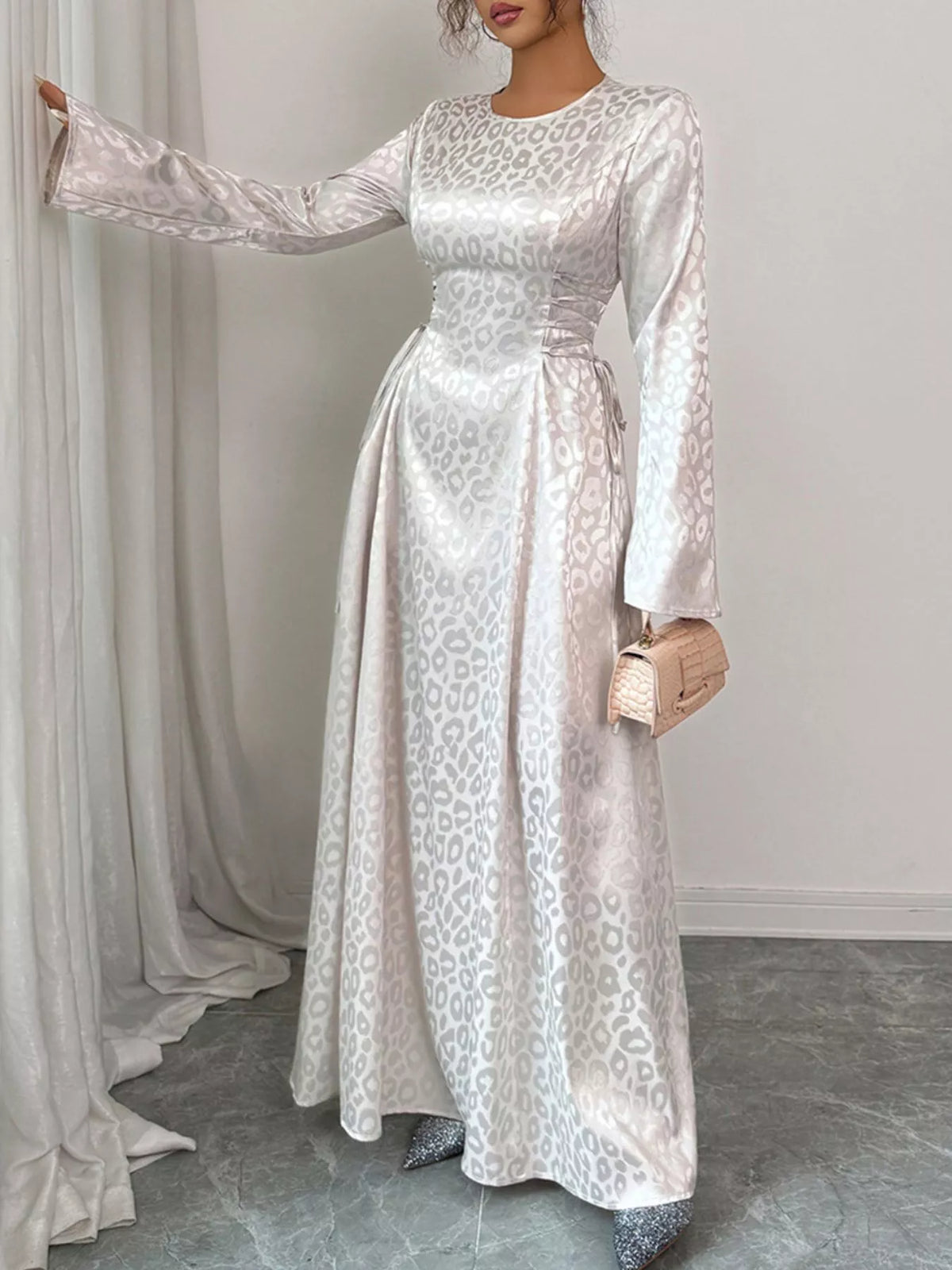 Hazel Blues® | Leopard Lace Up Long Sleeve Maxi Dress