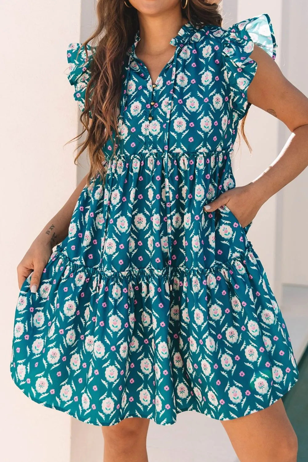 Hazel Blues® | Printed Tie Neck Ruffled Cap Sleeve Dress