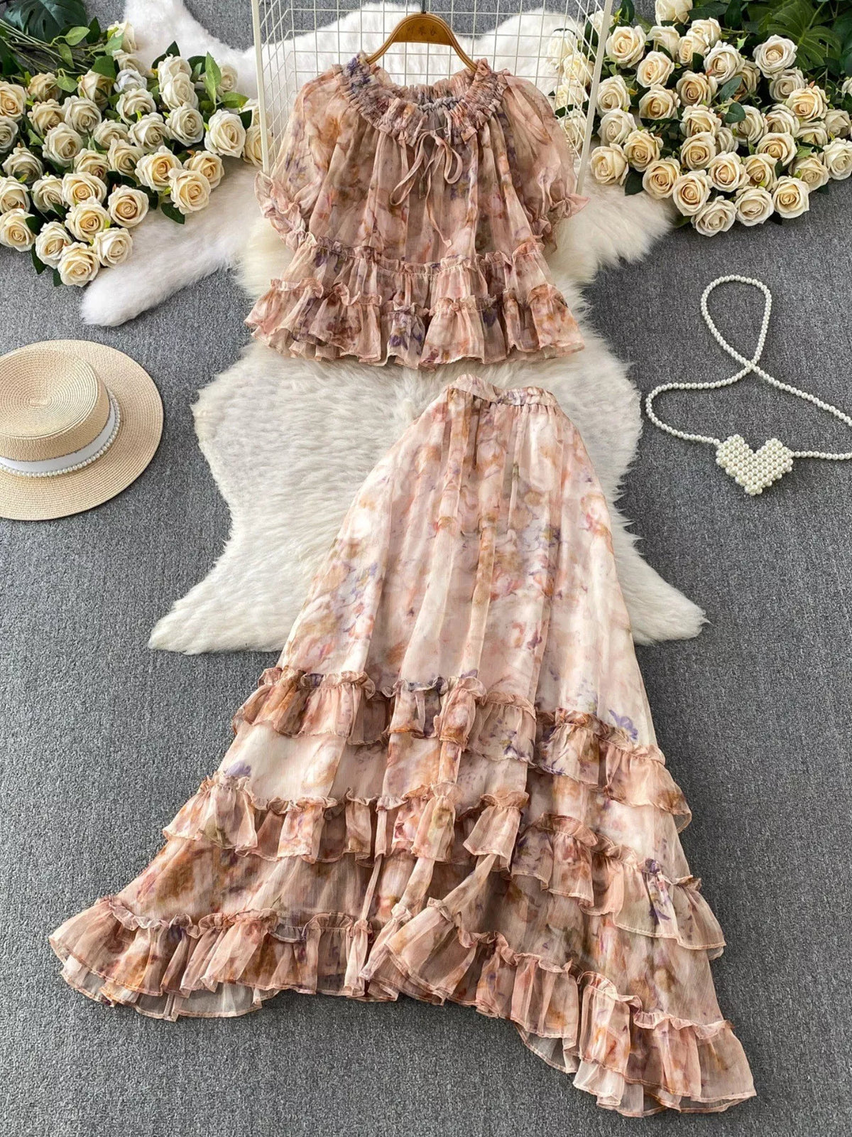 Hazel Blues® | Floral Print Ruffle Hem Blouse and Skirt Set