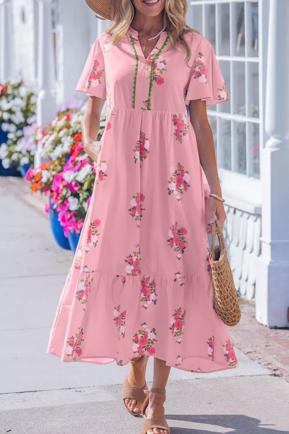 Hazel Blues® | Notched Neck Flutter Short Sleeve Floral Print Dress