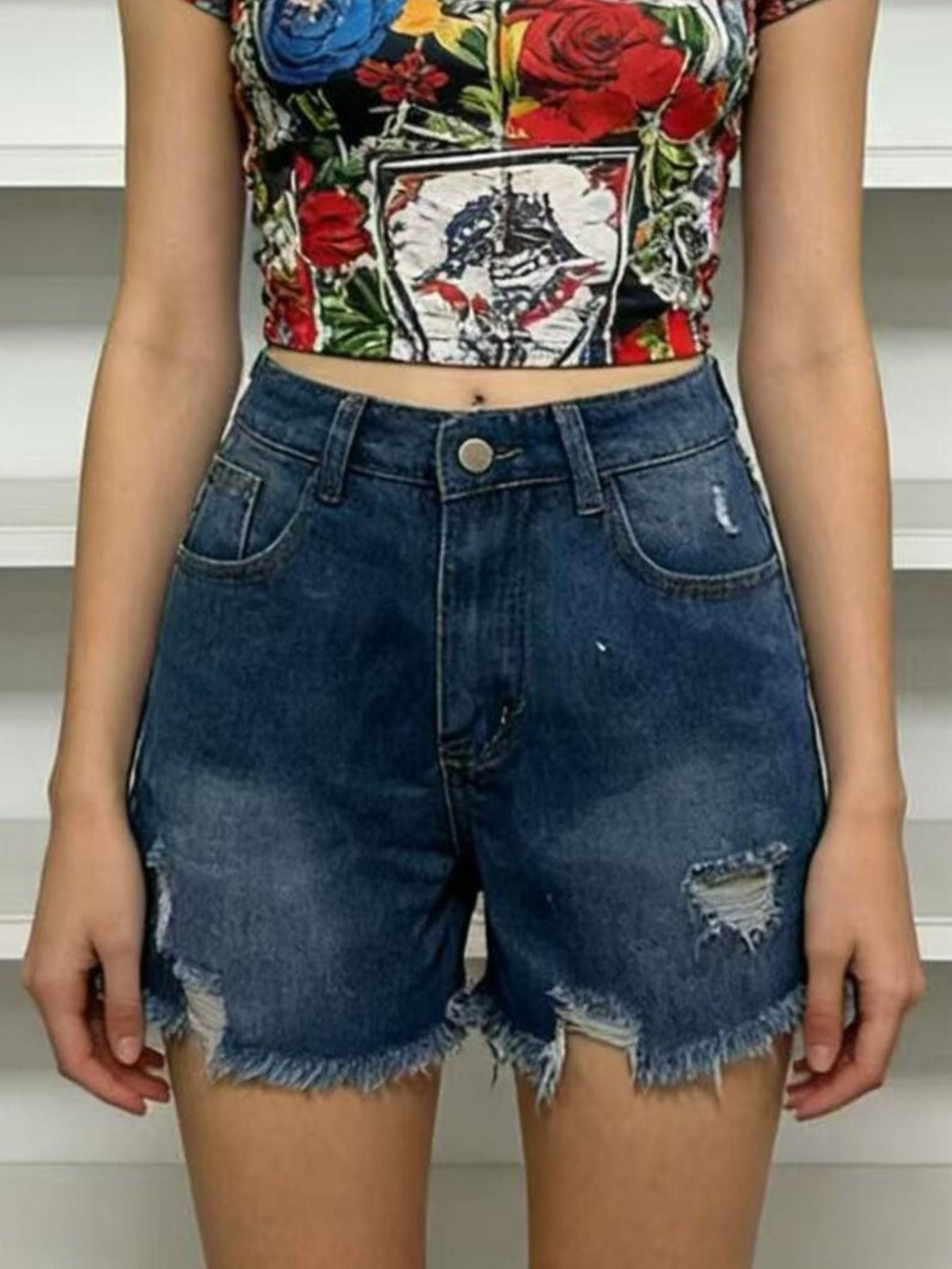 Hazel Blues® | Distressed Frayed Hem Denim Shorts