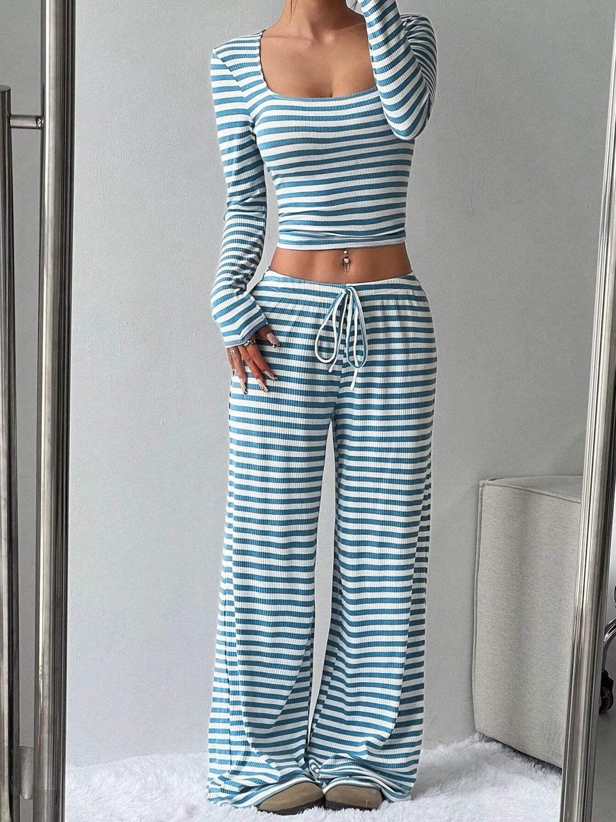 Hazel Blues® | Striped Long Sleeve Crop Top & Wide Leg Pants Set